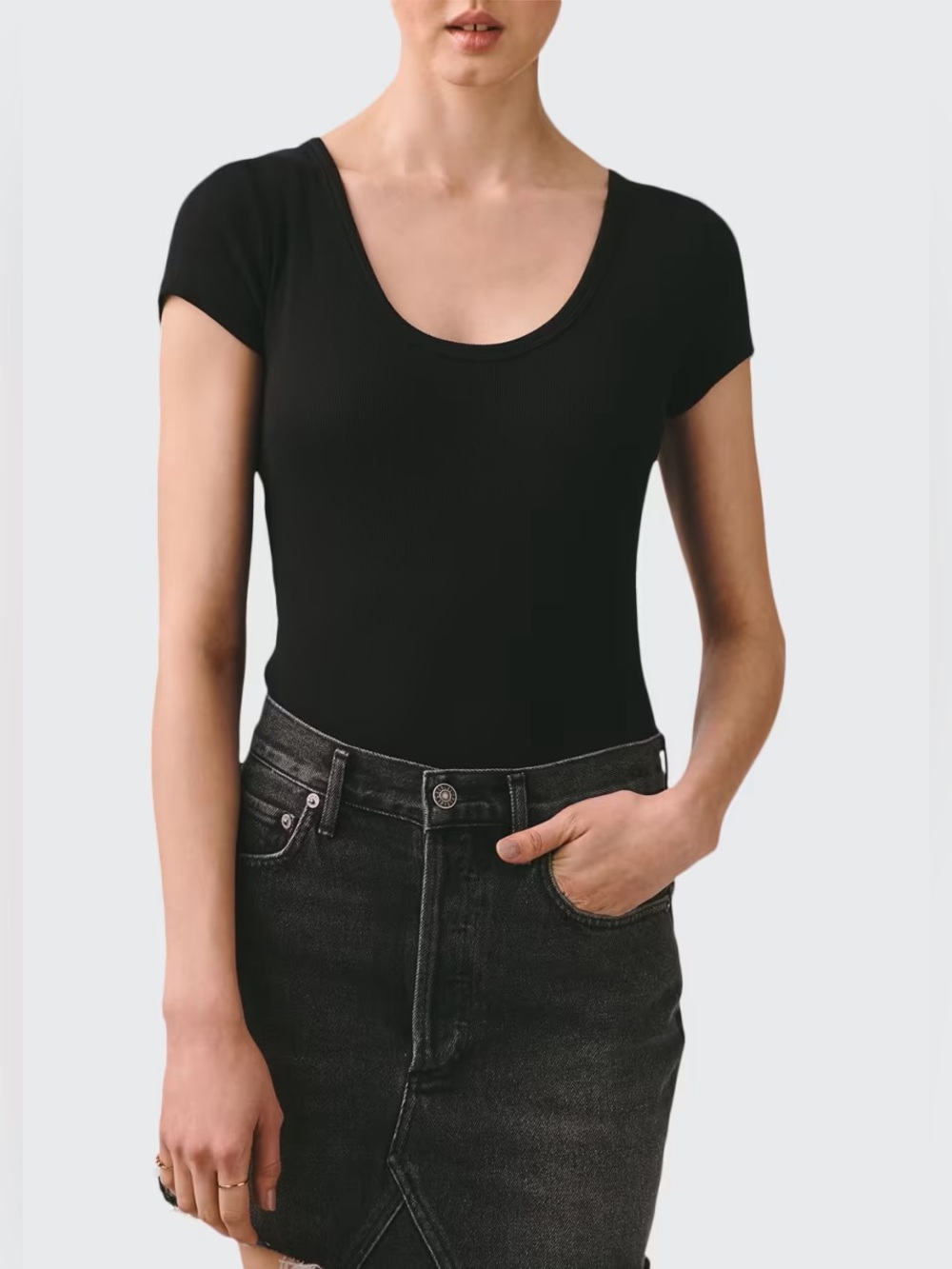 AGOLDE Black Ribbed Scoop Neck Short Sleeve Thong Bodysuit Womens XS NWT
